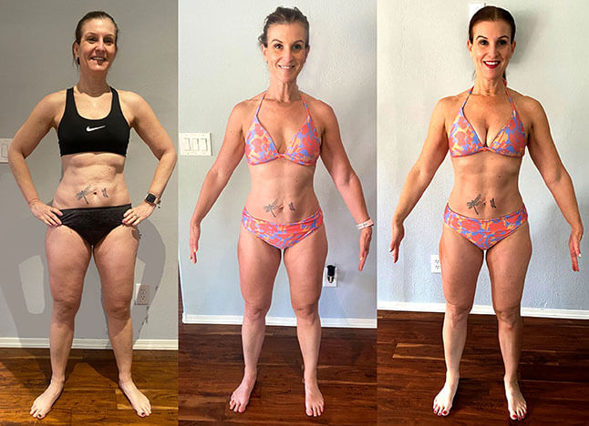 Before and after transformation photos of a woman posing.