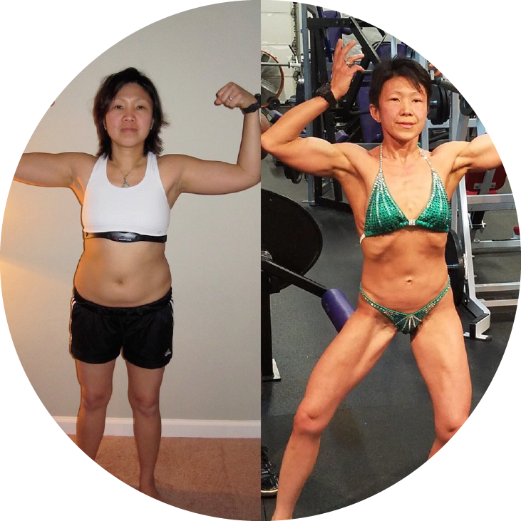Before and after transformation photo of a woman posing to show definition in their muscles. On the left is the before and on the right is the after.