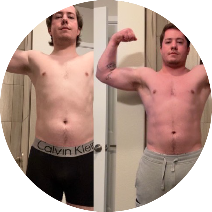 Before and after transformation of a man posing with their arms up. The left is before and the right is after.