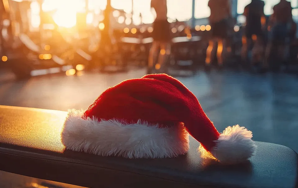 Staying Fit During the Holidays - Santa hat on gym bench with blurred background