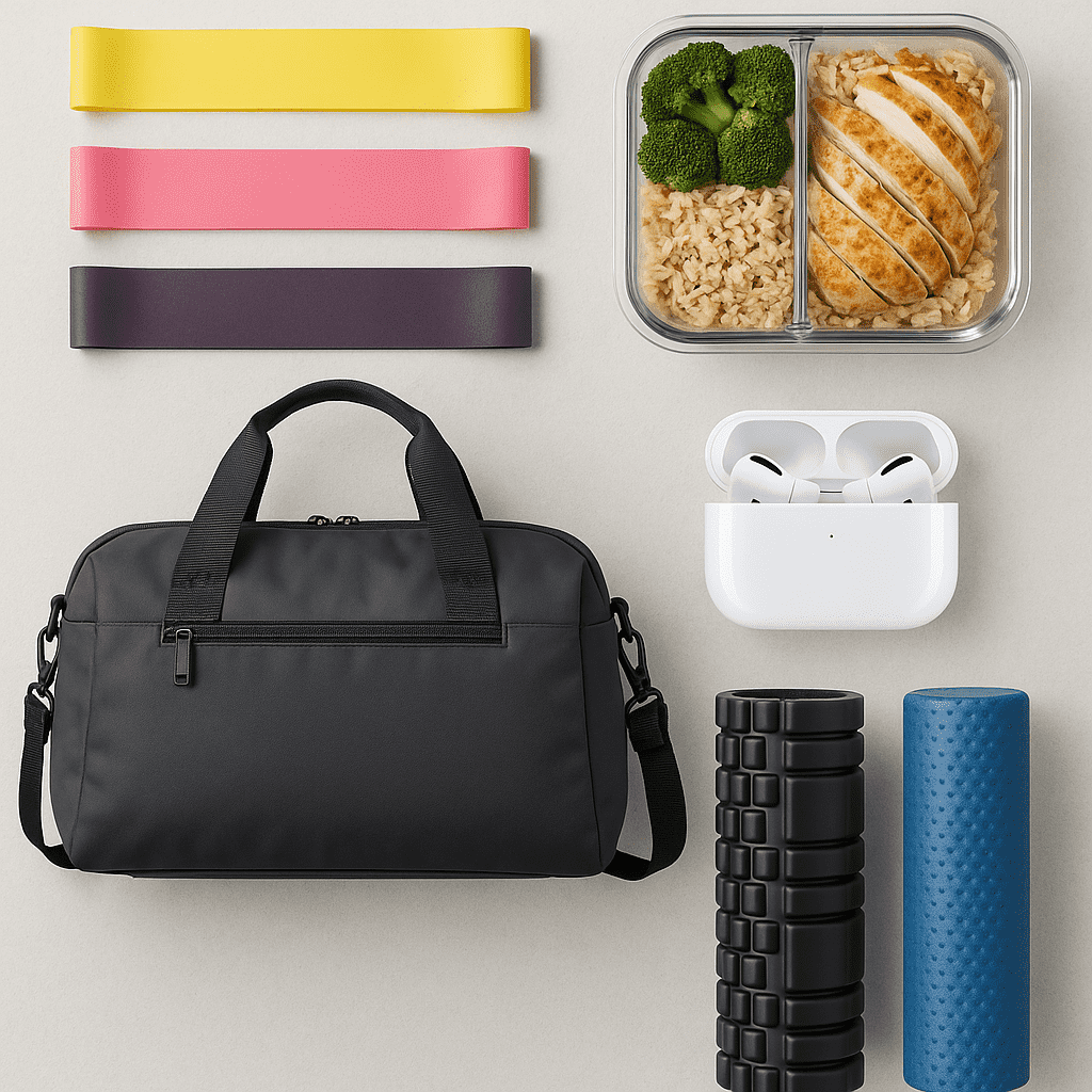 Gift ideas for workout buddy with resistance bands, meal prep, gym bag, earbuds, and foam rollers.