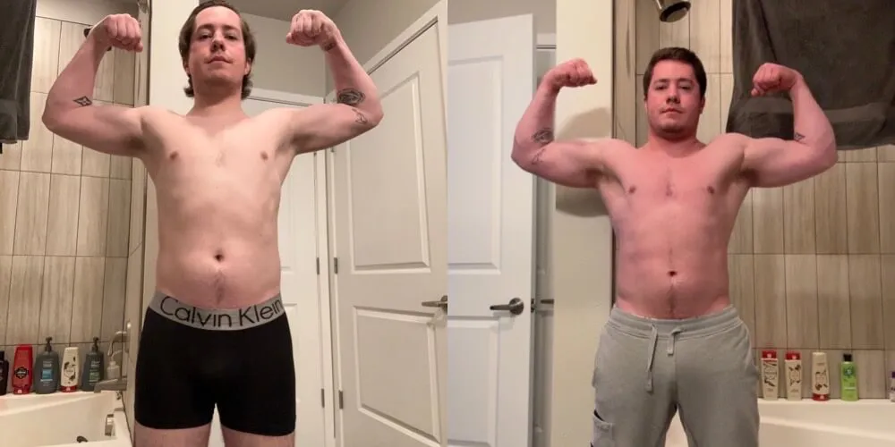 Before-After-20 - Person before and after gaining muscle, flexing arms