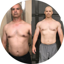 Before and after transformation of a man posing. The left is before and the right is after.