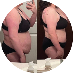 Before and after transformation photo of a woman posing. On the left is the before and on the right is the after.