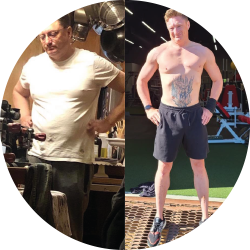 Before and after transformation of a man posing. The left is before and the right is after.