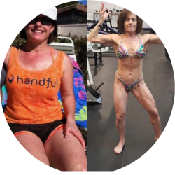 Side by side transformation photo of a woman. On the left is a woman sitting and on the right is a woman posing in a bikini.