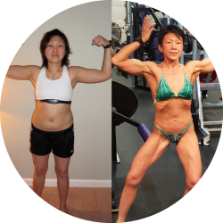 Before and after transformation photo of a woman posing to show definition in their muscles. On the left is the before and on the right is the after.