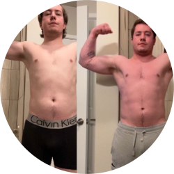 Before and after transformation of a man posing with their arms up. The left is before and the right is after.
